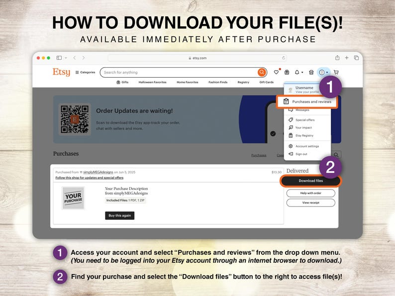 May include: Screenshot of an Etsy webpage on a laptop screen, showing how to download files after purchase. Instructions include selecting "Purchases and reviews" and then "Download files". Text reads "HOW TO DOWNLOAD YOUR FILE(S)!"