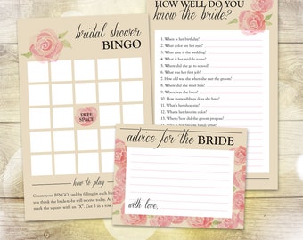 Watercolor Roses Bridal Shower Games Set – Bingo, Advice Card (Digital Download)