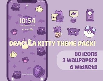 Cute Dracula Vampire Cat Phone Theme | App Icon Set | Wallpapers | iOS & Android | Spooky but Cute Aesthetic for Halloween