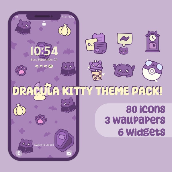 Cute Dracula Vampire Cat Phone Theme | App Icon Set | Wallpapers | iOS & Android | Spooky but Cute Aesthetic for Halloween