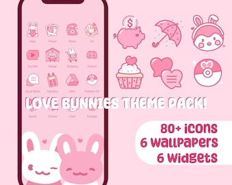 Puede incluir: Una pantalla de teléfono rosa y blanca con un fondo rosa. La pantalla muestra una variedad de iconos de aplicaciones, incluyendo YouTube, Spotify y Discord. El texto "LOVE BUNNIES THEME PACK!" se muestra en letras grandes y negritas. Debajo del texto, hay tres iconos de conejos, uno rosa, uno blanco y uno con rosa y blanco. El texto "80+ iconos 6 fondos de pantalla 6 widgets" se muestra en la esquina inferior derecha.