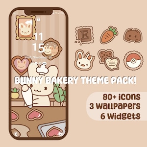 May include: A phone screen displaying a bunny-themed phone app with the text "BUNNY BAKERY THEME PACK!" and the words "80+ icons, 3 wallpapers, 6 widgets". The app features a cartoon bunny wearing a chef's hat and holding a rolling pin.