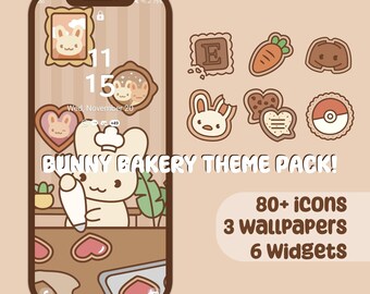 Puede incluir: La pantalla de un teléfono que muestra una aplicación de teléfono con temática de conejito con el texto "BUNNY BAKERY THEME PACK!" y las palabras "80+ iconos, 3 fondos de pantalla, 6 widgets". La aplicación presenta un conejito de dibujos animados con un gorro de chef y sosteniendo un rodillo.