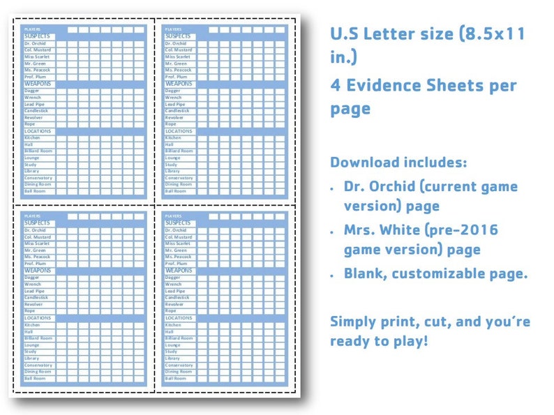 Clue - Replacement Evidence Sheets - Original Color - Etsy