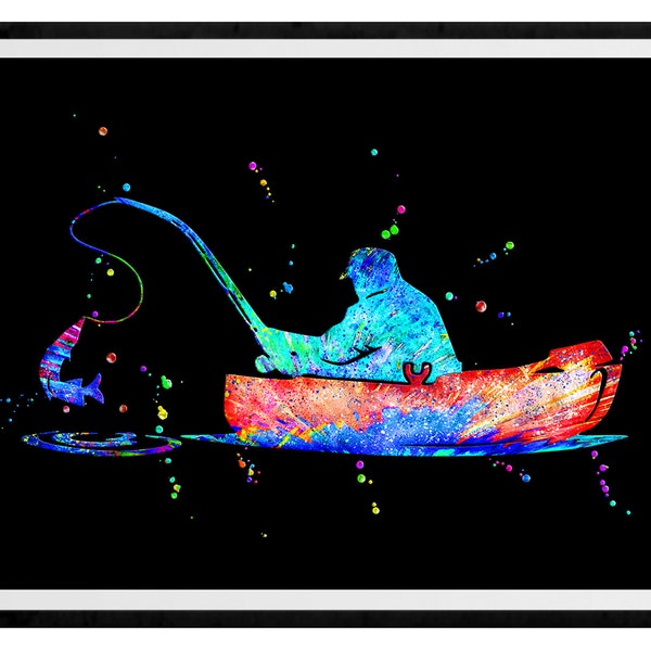 Fishing Dingy Vibrant Watercolor Stencil Painting Modern Art Print