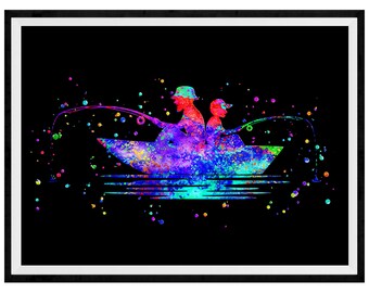 Father Son Fishing Vibrant Watercolor Stencil Painting Modern Art Print