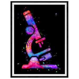 May include: A colorful abstract illustration of a microscope on a black background. The microscope is made up of swirling colors of pink, blue, purple, and yellow.