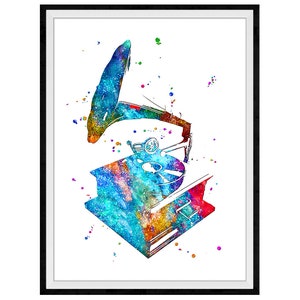 Gramophone Vibrant Watercolor Stencil Painting Modern Art Print