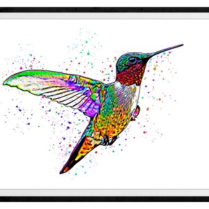 May include: A vibrant watercolor print of a hummingbird in flight, showcasing a spectrum of colors including green, purple, yellow, and red. The bird is set against a white background with colorful paint splatters, framed in a black border.