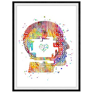 May include: A colorful abstract watercolor painting of a human head with a circuit board design. The circuit board design includes a heart shape in the center of the head.