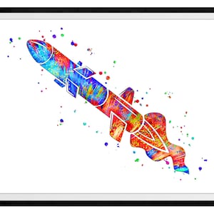 Missile Vibrant Watercolor Stencil Painting Modern Art Print
