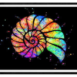 May include: A colorful abstract painting of a nautilus shell with a black background. The shell is painted in shades of red, orange, yellow, green, blue, and purple. The painting is surrounded by small, colorful dots.