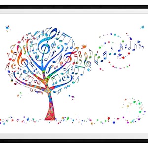 Music Tree Vibrant Watercolor Stencil Painting Modern Art Print