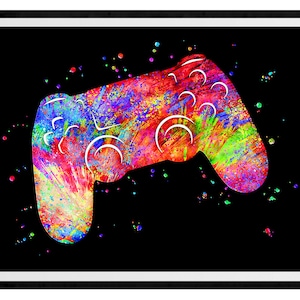 May include: A colorful abstract painting of a video game controller on a black background. The controller is outlined in white and filled with splashes of red, orange, yellow, green, blue, and purple paint.