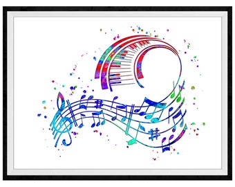 Può includere: Un dipinto ad acquerello colorato di note musicali e una tastiera di pianoforte. Le note sono disposte in un motivo fluido, con la tastiera di pianoforte che forma un cerchio sullo sfondo.