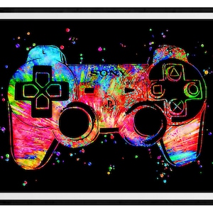 May include: A colorful abstract painting of a black PlayStation controller on a black background with colorful paint splatters.