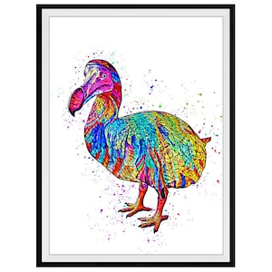 May include: A colorful illustration of a dodo bird with a white background and splashes of paint. The dodo is depicted in a vibrant rainbow of colors, with a pink beak and yellow eyes.