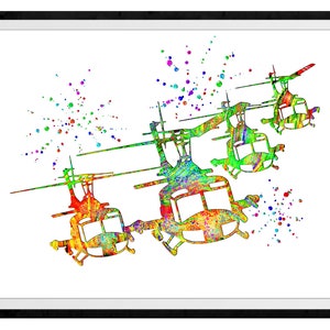 Huey Helicopter Vibrant Watercolor Stencil Painting Modern Art Print