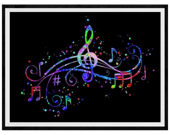 Könnte beinhalten: Ein farbenfrohes abstraktes Design aus Musiknoten und einem Violinschlüssel auf schwarzem Hintergrund. Das Design besteht aus Farbspritzern, darunter Rot, Blau, Grün und Lila.