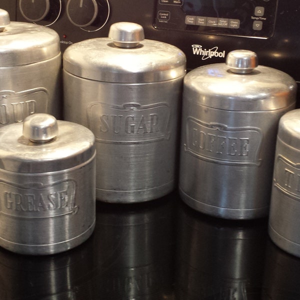 RESERVED FOR STEPHANIE Aluminum Canisters with Grease Heller Hostess Ware Five Metal Vintage Kitchen Cannisters
