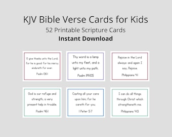 May include: A set of printable Bible verse cards for kids. The cards feature different verses from the King James Version of the Bible, with each verse printed on a separate card. The cards are designed to be used for educational and devotional purposes.