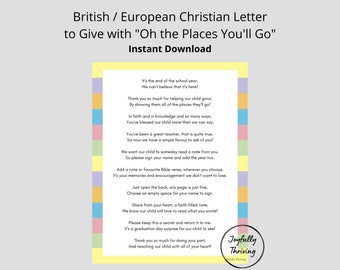 British Christian Teacher Letter for Oh the Places You'll Go by Dr. Seuss | Christian Letter to Give to Teachers with Dr. Seuss Book
