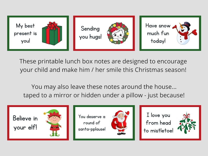 Printable Christmas Lunch Box Notes for Kids Holiday Notes for Kids