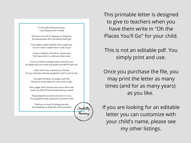 Teacher Appreciation Gift Printable Keepsake Letter Template Graduation Book Companion Digital Download Instant Access Student Milestone Card End Of Year Classroom Farewell Present Kindergarten Through College Level Custom Teacher Thank You