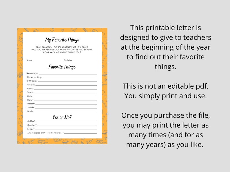 Teacher Letter for My Favorite Things Teacher Appreciation Printable Teacher Gift Ideas image 2