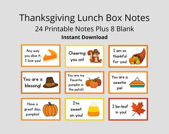 Puede incluir: Veinticuatro notas imprimibles para la caja de almuerzo de Acción de Gracias con lindas ilustraciones, que incluyen un pastel de calabaza, una cornucopia y una ardilla. Las notas incluyen frases como "¡Eres una bendición!" y "¡Estoy loco por ti!"