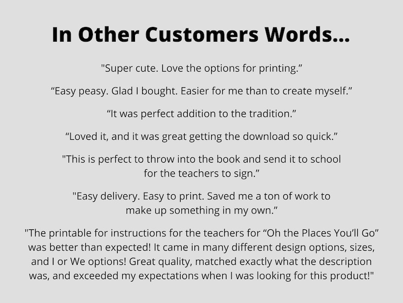 A screenshot of a text-based review of a product. The text reads "In Other Customers Words..." followed by several customer reviews. The reviews are positive and highlight the ease of use, quality, and value of the product.