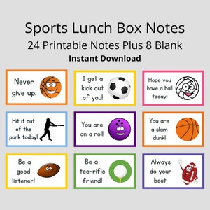 Notes de boîte à lunch de sport pour enfants | Notes imprimables pour les enfants | Ensemble de notes de boîte à lunch imprimables