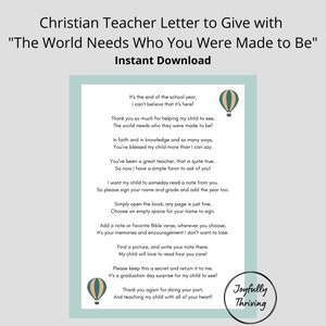 Carta de maestro cristiano para el mundo necesita para quién fuiste creado por Joanna Gaines / Carta para entregar a los maestros para que firmen el libro