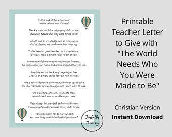 Christian Teacher Letter for The World Needs Who You Were Made to Be by Joanna Gaines | Letter to Give to Teachers for Signing Book