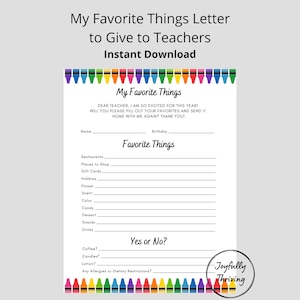 Carta para el maestro: Mis cosas favoritas, agradecimiento al maestro, ideas imprimibles de regalos para maestros