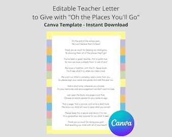Dr. Seuss Teacher Letter, "Oh, the Places You'll Go", Editable Canva Template (Digital Download)