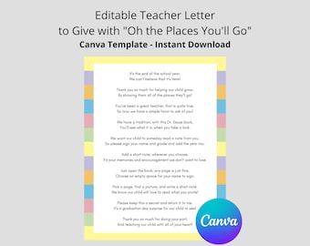 Editable Teacher Letter for Oh the Places You'll Go by Dr. Seuss Printable Letter for Dr. Seuss Book Signing Book Letter Canva Template