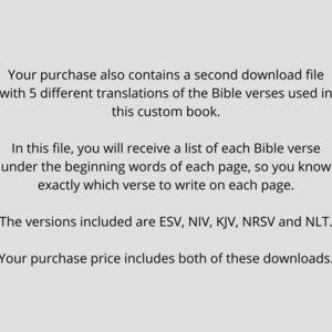 Text explaining that a purchase includes a download file with 5 different translations of Bible verses used in a custom book. The file includes a list of each Bible verse under the beginning words of each page, so you know exactly which verse to write on each page. The versions included are ESV, NIV, KJV, NRSV and NLT. Printable Template Guide Digital Download Christian Book Creation Instructions Scripture Verse Placement Tutorial Bible Memory Journal DIY Project Personalized Faith Based Gift
