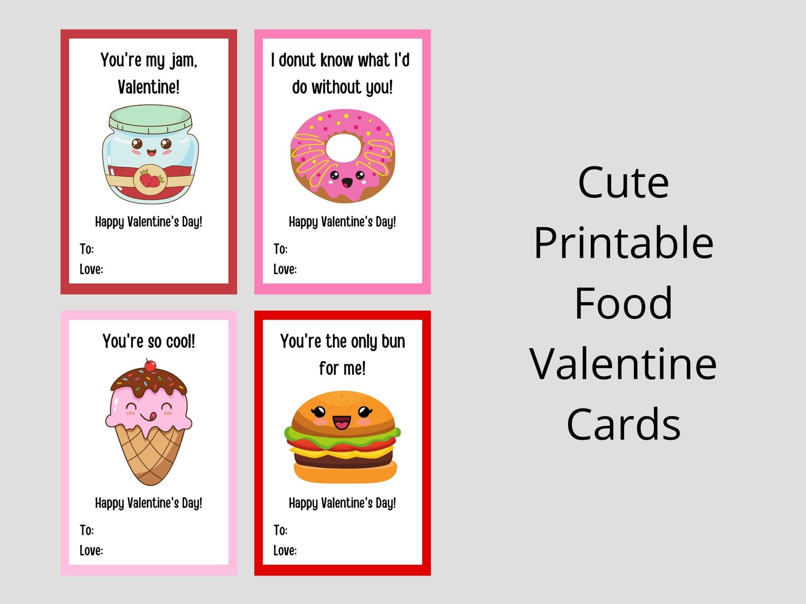 Cute Food Valentine Cards Printable Valentines for Kids Etsy