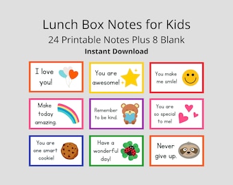 Lunch Box Notizen für Kinder: 24 bunte Designs zum Ausdrucken (Digitaler Download)