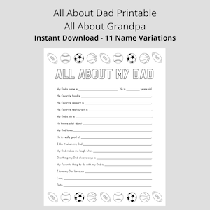 Questionnaire Tout sur papa | Questionnaire grand-père imprimable | Carte de fête des pères imprimable