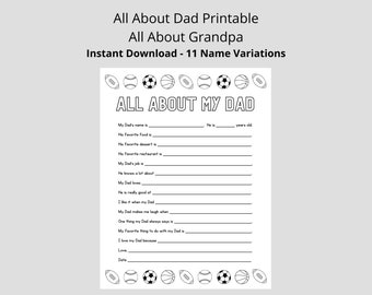 May include: Printable "All About My Dad" worksheet with a sports theme. The worksheet has lines for writing about a dad's name, favorite food, dessert, restaurant, job, hobbies, and more.