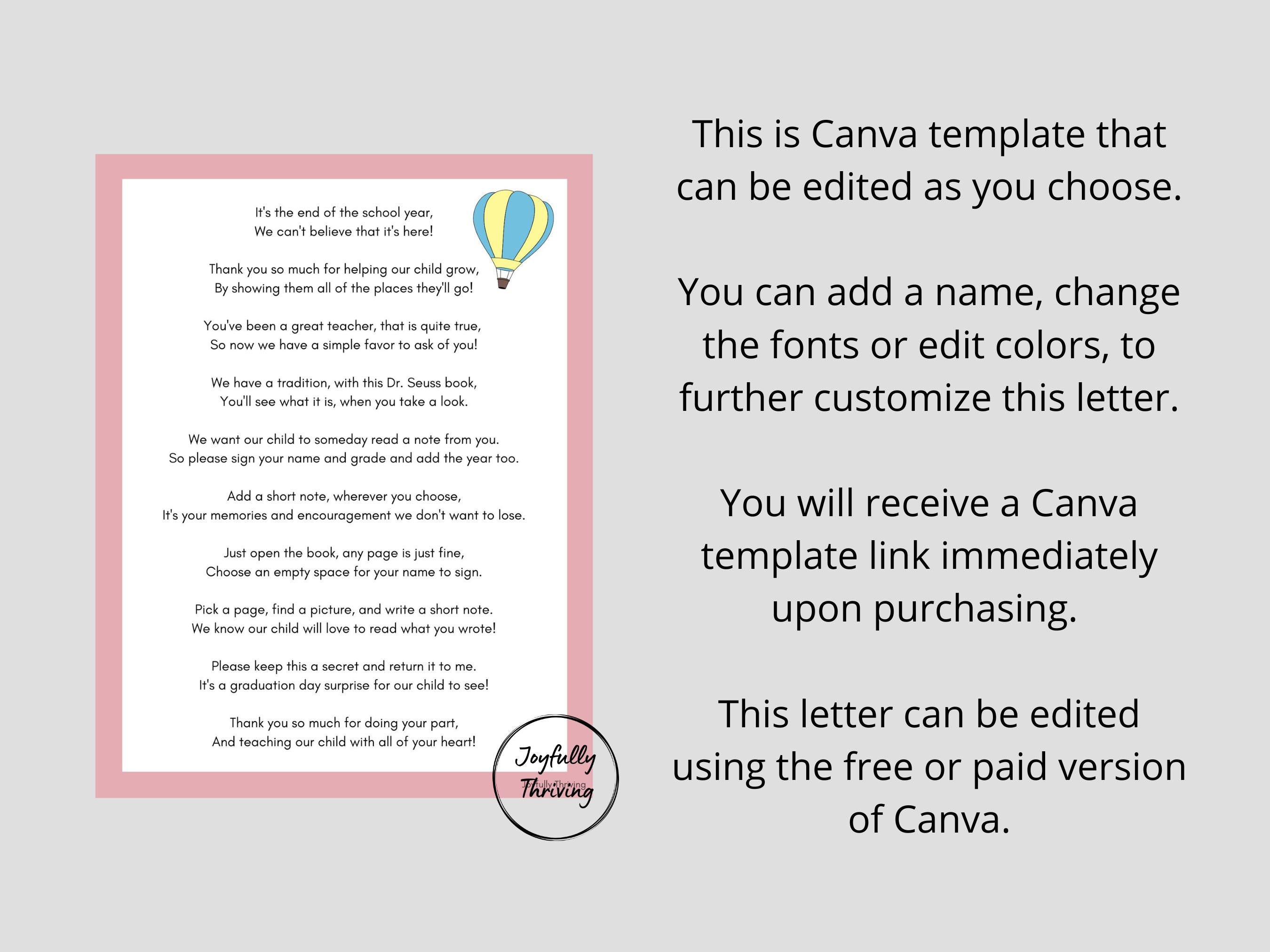 Dr. Seuss Teacher Letter Oh the Places You'll Go Editable Canva ...