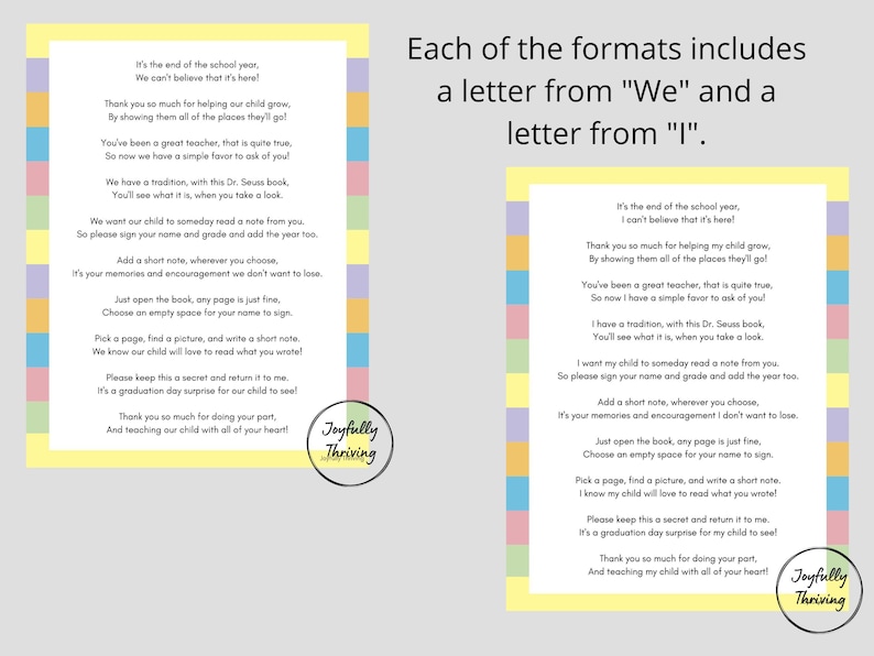 Two colorful printable cards with a poem about a teacher's end of year gift for a student. Printable Keepsake Letter To Teacher Graduation Memory Book Companion Digital Download Student Milestone Card Custom Teacher Appreciation Gift Instant Access Kindergarten Through College Level End Of Year Classroom Farewell Thank You Note