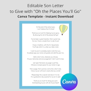 Carta de niño editable para Oh, los lugares a los que irás de Dr. Seuss / Versión para hijo / Carta de niño para regalar a los maestros con el libro de Dr. Seuss