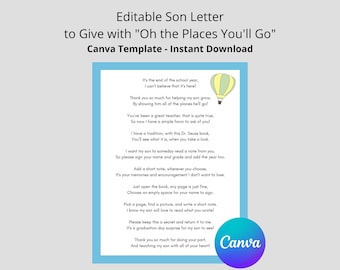 Editable Boy Letter for Oh the Places You'll Go by Dr. Seuss | Son Version | Boy Letter to Give to Teachers with Dr. Seuss Book