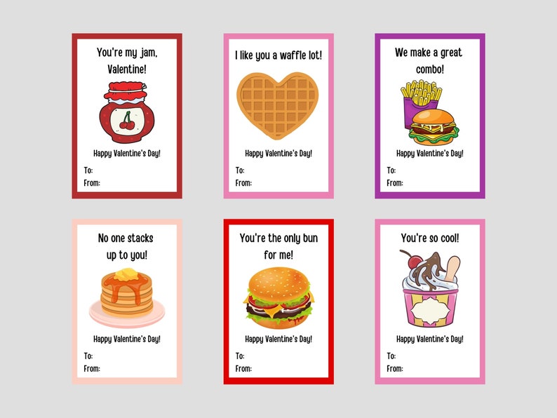 Food Theme Printable Valentine Cards Classroom Valentines Printable ...