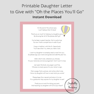 Instructions for Teacher to Sign Oh the Places You'll Go Dr. Seuss Daughter Girl Letter to Give to Teachers with Dr. Seuss Book Graduation