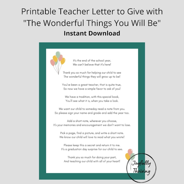 The Wonderful Things You Will Be Teacher Letter | Letter to Give to Teachers with Emily Martin Book