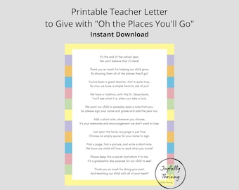 Teacher Letter for Oh the Places You'll Go by Dr. Seuss | Letter to Give to Teachers with Dr. Seuss Book